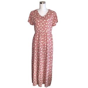 VINTAGE 90s 2 of Us Pink Floral Collared Short Sleeve Midi Dress Sz. Large Rayon